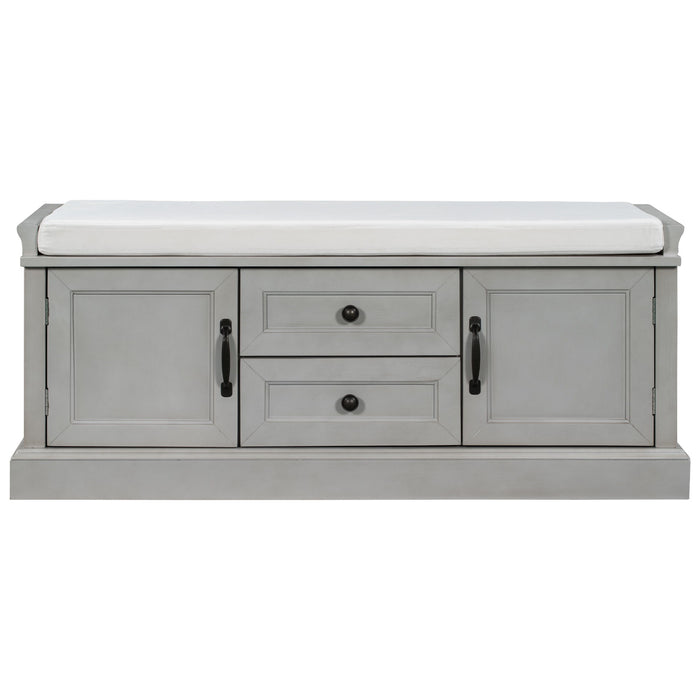 Trexm Storage Bench With 2 Drawers And 2 Cabinets, Shoe Bench With Removable Cushion For Living Room, Entryway - Gray Wash