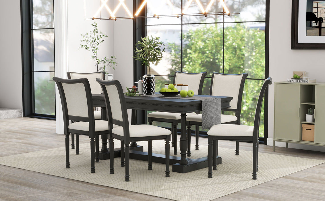Trexm 7 Piece Dining Table With 4 Trestle Base And 6 Upholstered Chairs With Slightly Curve And Ergonomic Seat Back (Black)