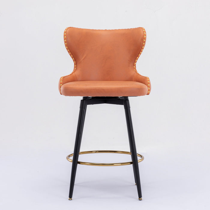 Counter Height 25" Modern Leathaire Fabric Bar Chairs, 180 Degrees Swivel Bar Stool Chair For Kitchen, Tufted Gold Nailhead Trim Bar Stools With Metal Legs, (Set of 2) (Orange)