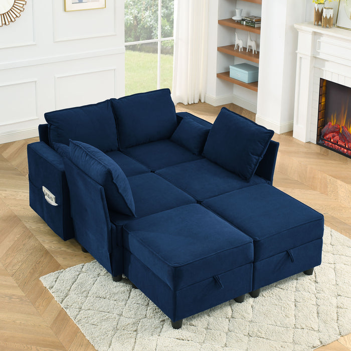 Single Seat Of Module Sofa Without Armrest, Navy Blue Corduroy Velvet, Spring Pack Cushions