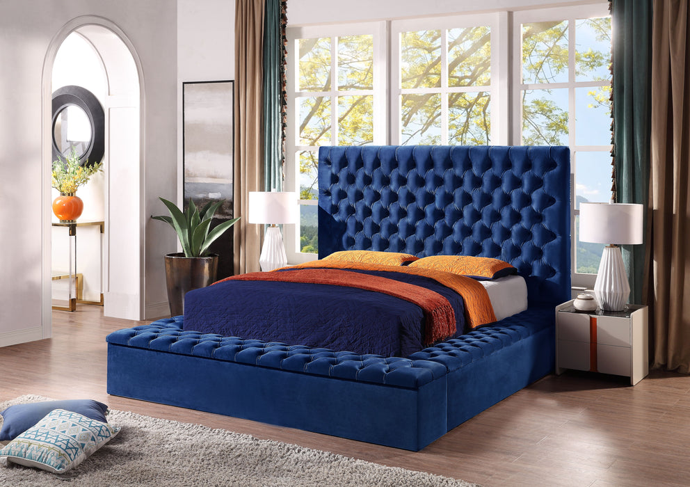 Contemporary Velvet Upholstered Bed With Storage Locker, Deep Button Tufting, Solid Wood Frame, High - Density Foam, Queen Size - Blue