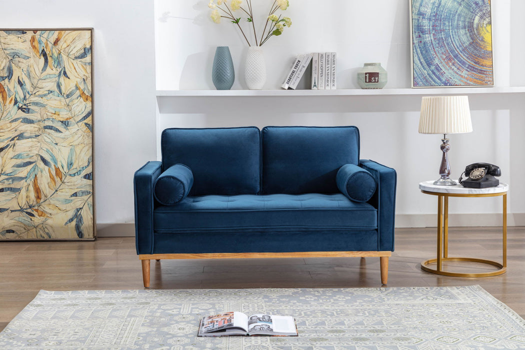 Modern Design 1 Piece Loveseat With Wooden Legs Blue Velvet Tufted Seat And Pillows Living Room Furniture