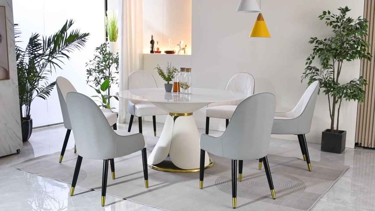 53" Modern Sintered Stone Round Dining Table With Stainless Steel Base With 6 Pieces Chairs