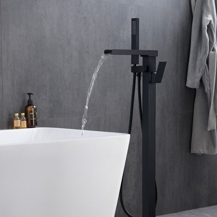 Single Handle Freestanding Floor Mount Roman Tub Faucet Bathtub Filler With Hand Shower, Matte Black