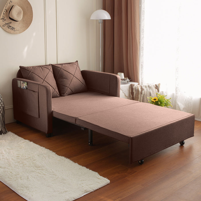 Modern Love Seat Futon Sofa Bed With Headboard, Linen Love Seat Couch, Pull Out Sofa Bed With 2 Pillows & 2 Sides Pockets For Any Small Spaces - Brown