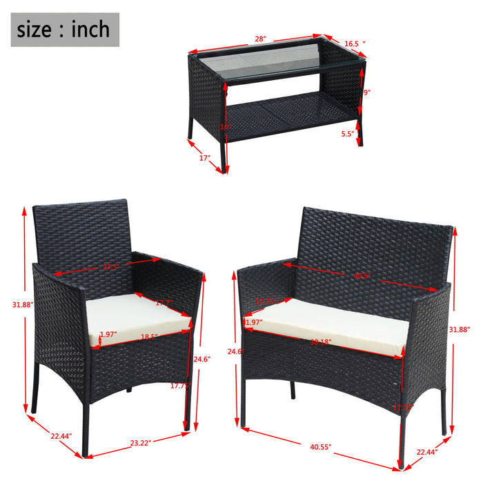 4 Piece Rattan Patio Furniture Set Outdoor Patio Cushioned Seat Wicker Sofa - Beige
