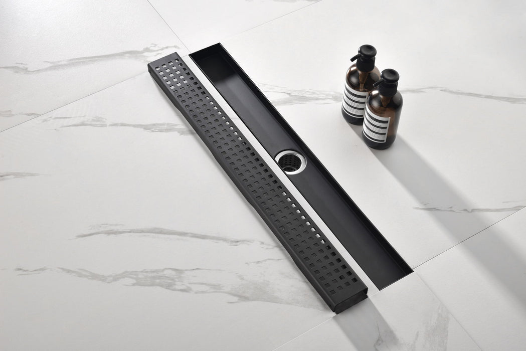 Linear Shower Drain With Removable Quadrato Pattern Grate, Stainless Shower Drain With Hair Strainer And Leveling Feet