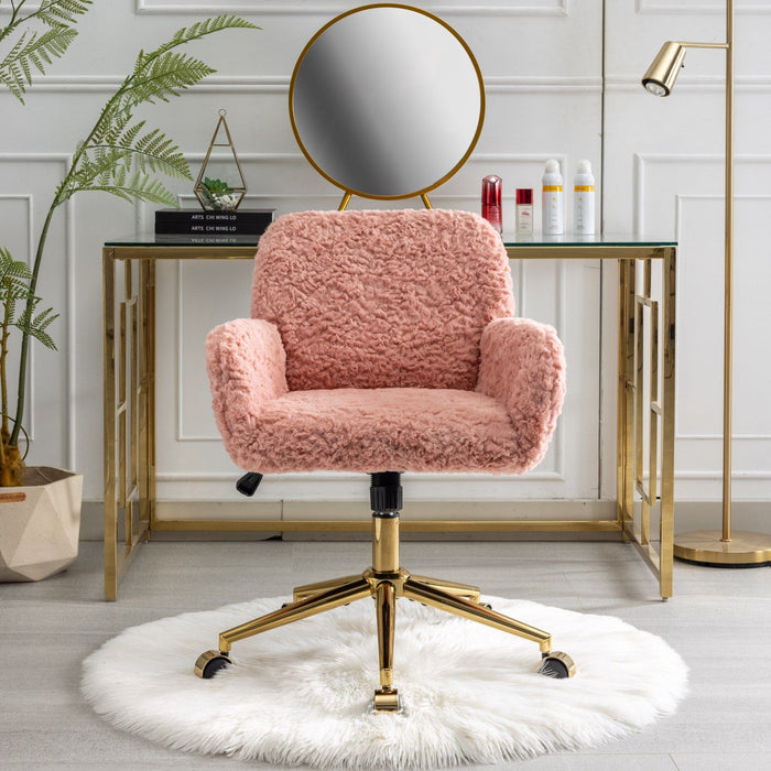 A&A Furniture Office Chair, Artificial Rabbit Hair Home Office Chair With Golden Metal Base, Adjustable Desk Chair Swivel Office Chair, Vanity Chair (Pink)