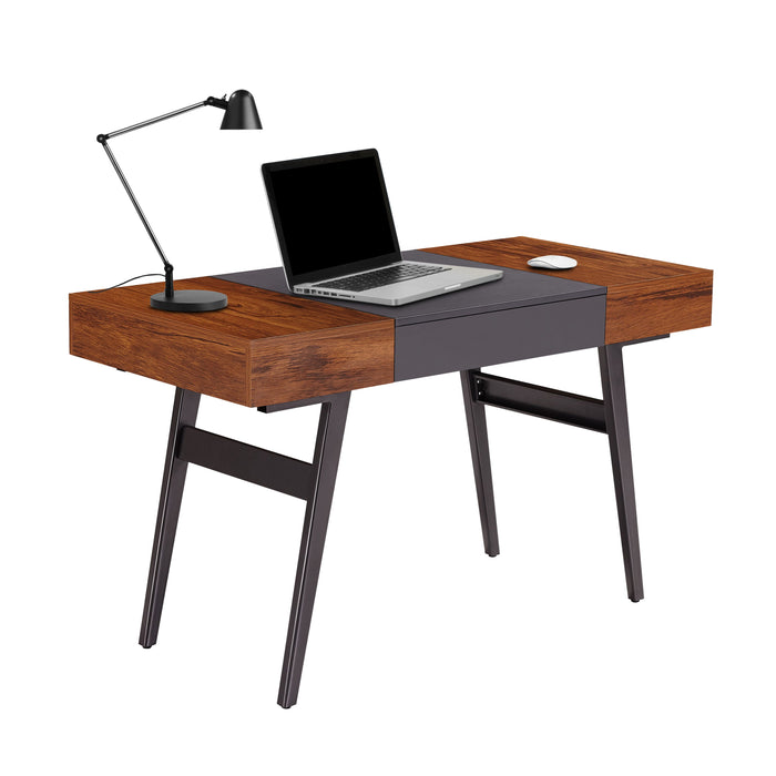 Techni Mobili Writing Desk Dual Side & Pull Out Front Drawer Coated Gray Steel Frame Mahogany