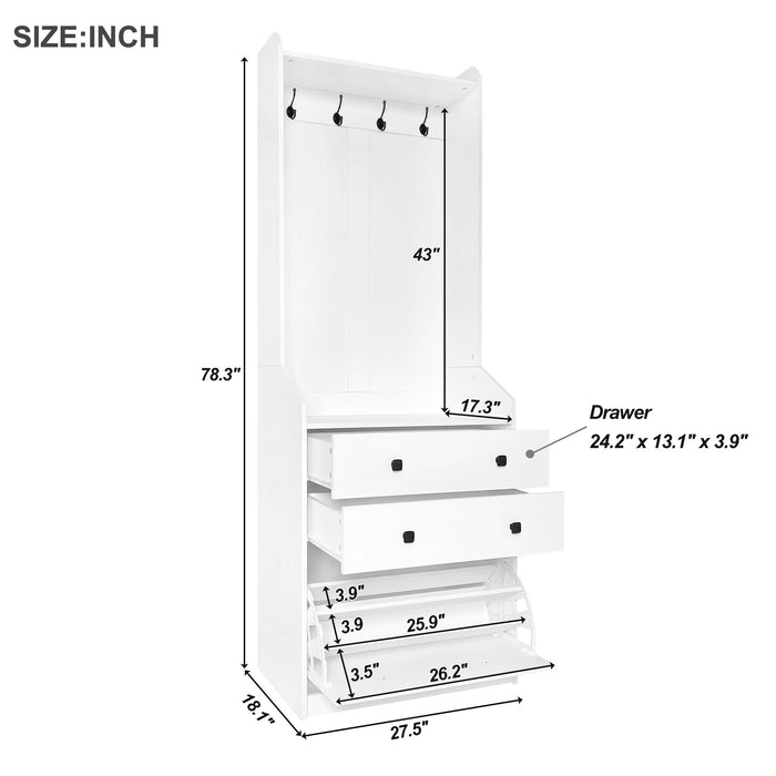 On - Trend Narrow Hall Tree With Flip Drawer, Multi - Functional Coat Rack With 4 Hanging Hooks & Drawers, Adjustable Shoe Storage Cabinet For Hallway, Living Room, White