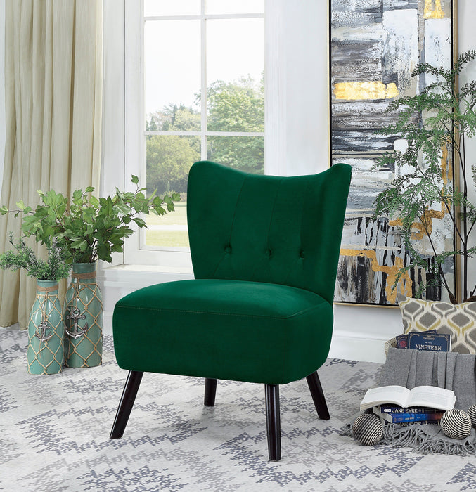 Unique Style Green Velvet Covering Accent Chair Button Tufted Back Brown Finish Wood Legs Modern Home Furniture