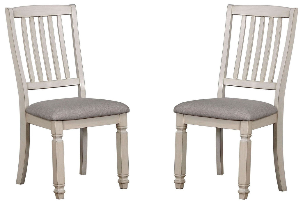 Dining Room Furniture (Set of 2) Pieces Side Chairs Antique White Solid Wood Slats Back Light Gray Padded Fabric Seat Cushions Kitchen Breakfast
