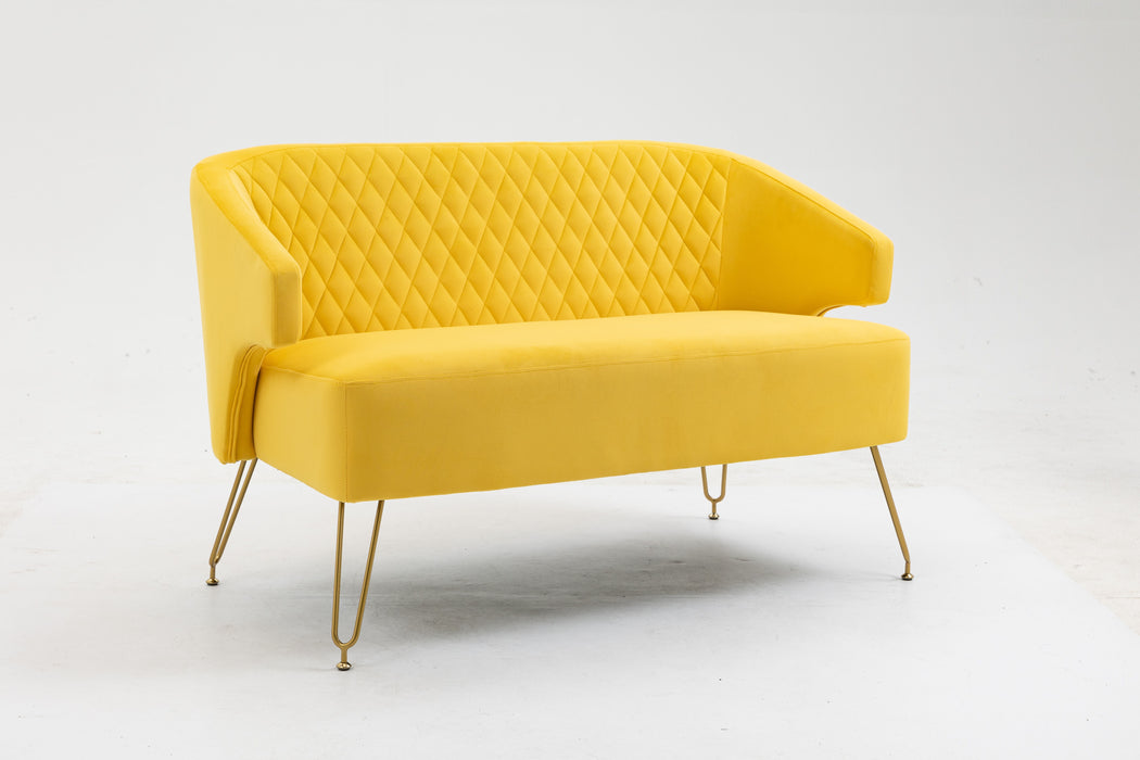Twin Size Love Seat Accent Sofa With Golden Metal Legs, Living Room Sofa With Tufted Backrest, 600 Pounds Weight Capacity - Yellow