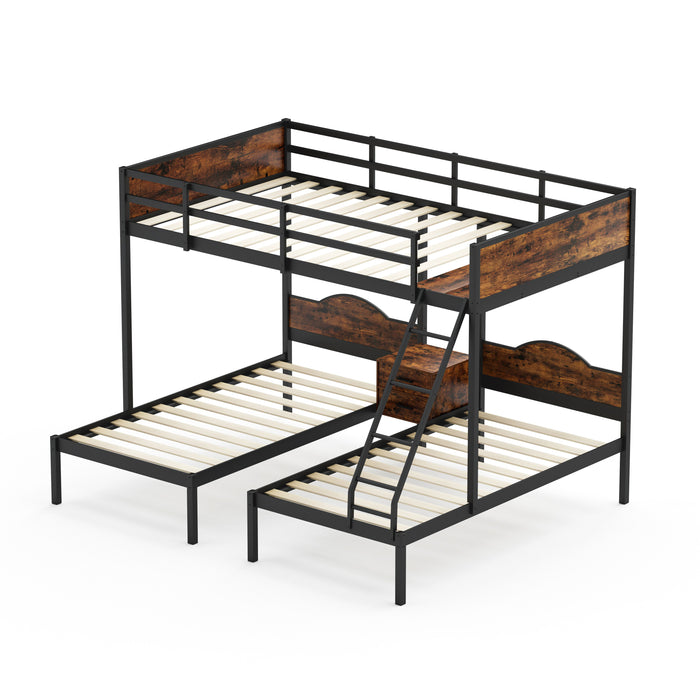 Full Over Twin & Twin Bunk Bed Metal Triple Bed With Nightstand And Guardrails Black & Brown