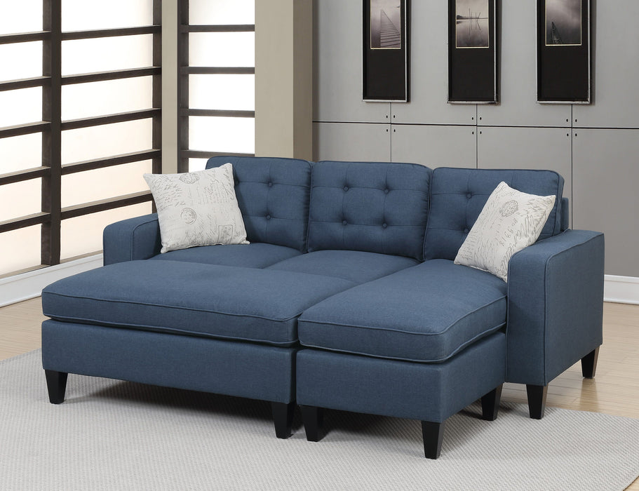 Reversible 3 Pieces Sectional Sofa Set Navy Tufted Polyfiber Wood Legs Chaise Sofa Ottoman Pillows Cushion Couch