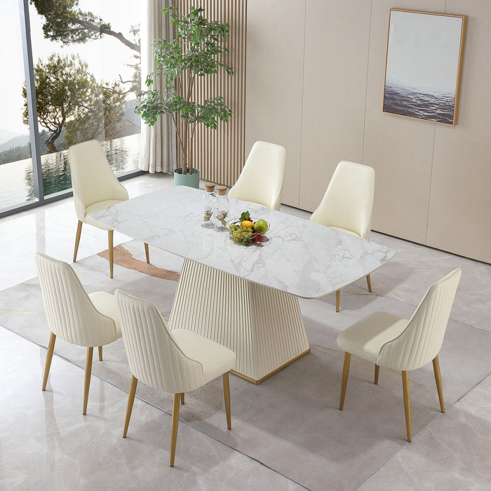 Contemporary Dining Table Sintered Stone Square Pedestal Base With 6 Pieces Chairs