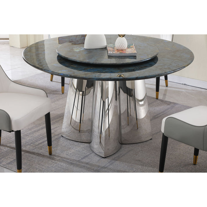Modern Sintered Stone Dining Table With 31 5" Round Turntable And Metal Exquisite Pedestal With 6 Pieces Chairs