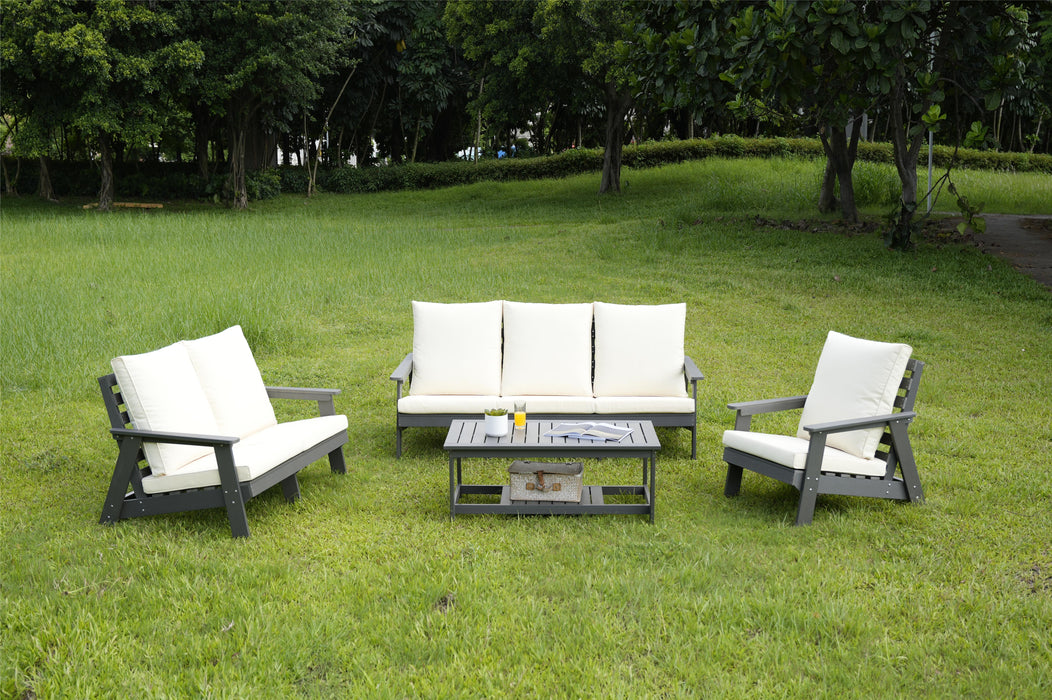 4-Piece Conversation Patio Set, Hips Weather Resistance Outdoor Sofa And Coffee Table, Grey / Beige