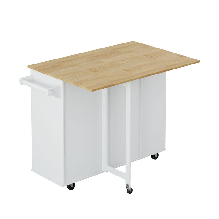 Multi-Functional Kitchen Island Cart With 2 Door Cabinet And Two Drawers, Spice Rack, Towel Holder, Wine Rack, And Foldable Rubberwood Table Top (White)