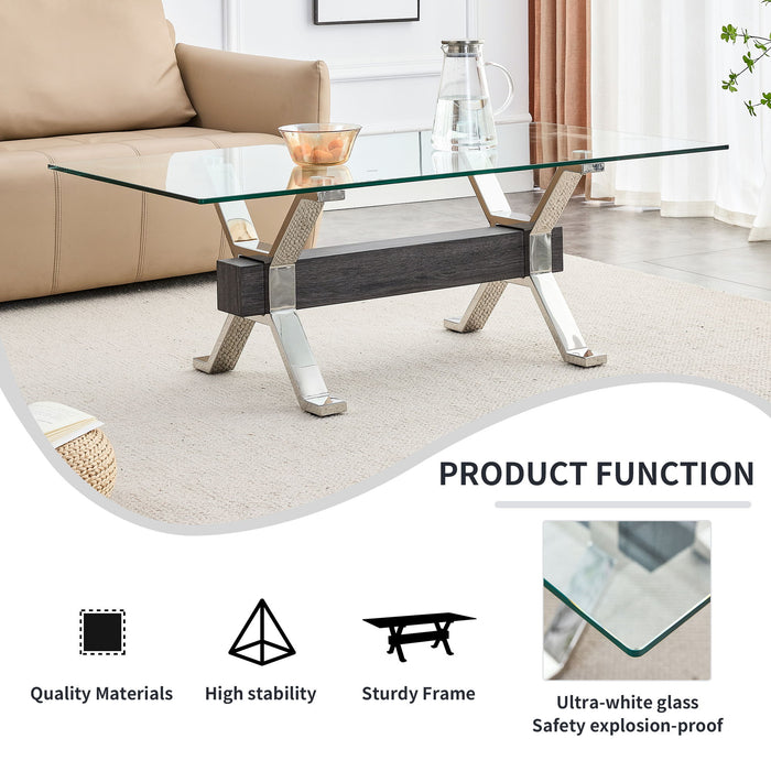Tea Table.Dining Table.Contemporary Tempered Glass Coffee Table With Plating Metal Legs And Mdf Crossbar, For Home And Office