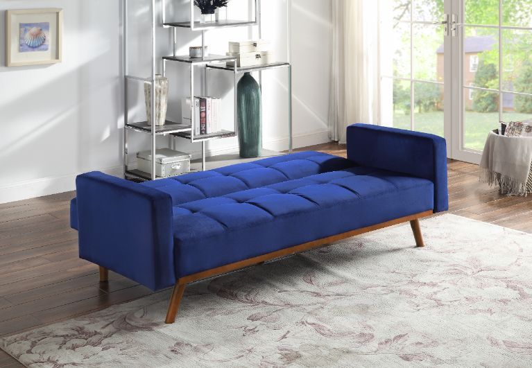 Tanitha - Futon - Blue Velvet & Natural Finish Unique Piece Furniture