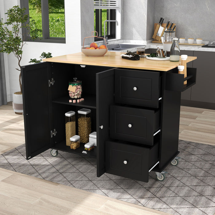 Rolling Mobile Kitchen Island With Solid Wood Top And Locking Wheels, 52. 7 Inch Width, Storage Cabinet And Drop Leaf Breakfast Bar, Spice Rack, Towel Rack & Drawer (Black)