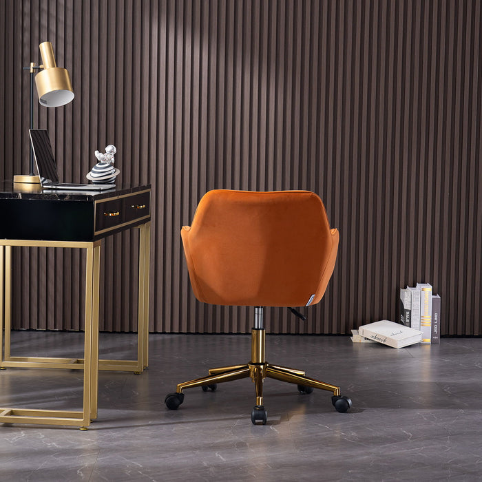 Modern Velvet Fabric Material Adjustable Height 360 Revolving Home Office Chair With Gold Metal Legs And Universal Wheels For Indoor, Orange