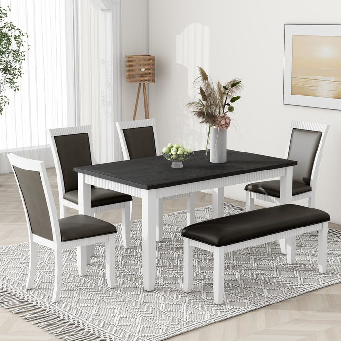 Top max Rustic Solid Wood 6 Piece Dining Table Set, PU Leather Upholstered Chairs And Bench, White