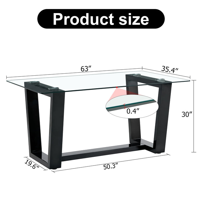 Glass Dining Table Large Modern Minimalist Rectangular For 6-8 With 0.4" Tempered Glass TableTop And Black MDFtrapezoid Bracket, For Kitchen Dining Living Meeting Room Banquet Hall
