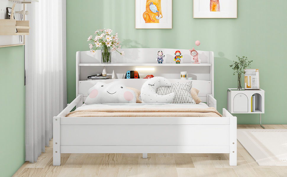 Wood Full Size Platform Bed With Built-In Led Light, Storage Headboard And Guardrail, White
