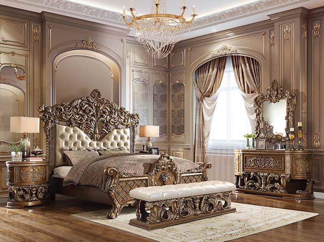 Constantine - Eastern King Bed - PU Leather, Light Gold, Brown & Gold Finish Unique Piece Furniture
