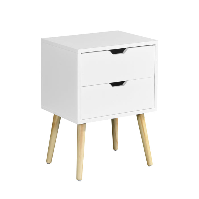 Side Table With 2 Drawer And Rubber Wood Legs, Mid - Century Modern Storage Cabinet For Bedroom Furniture - White