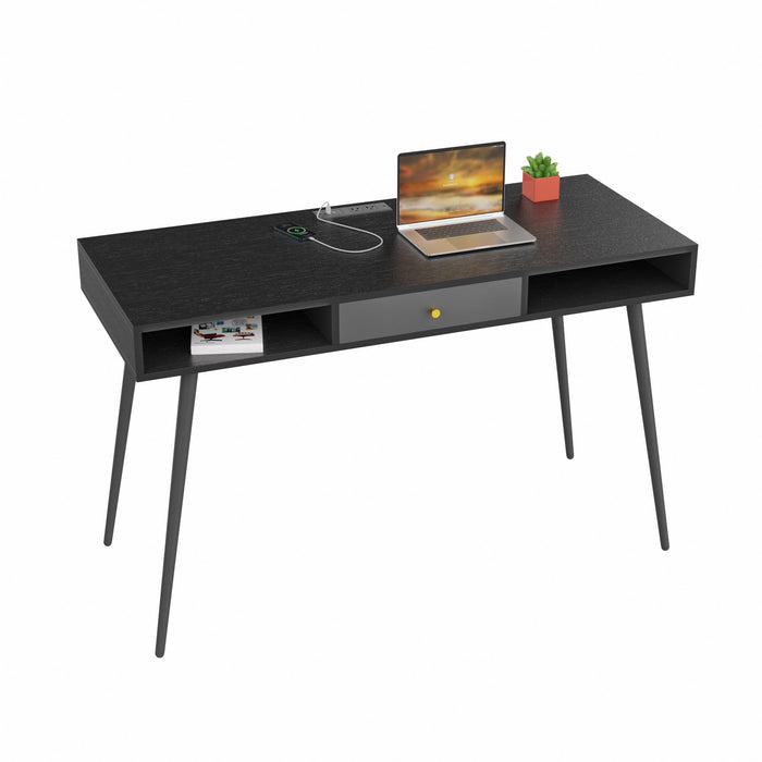 Mid-Century Desk With USB Ports And Power Outlet, Modern Writing Study Desk With Drawers, Multifunctional Home Office Computer Desk Black