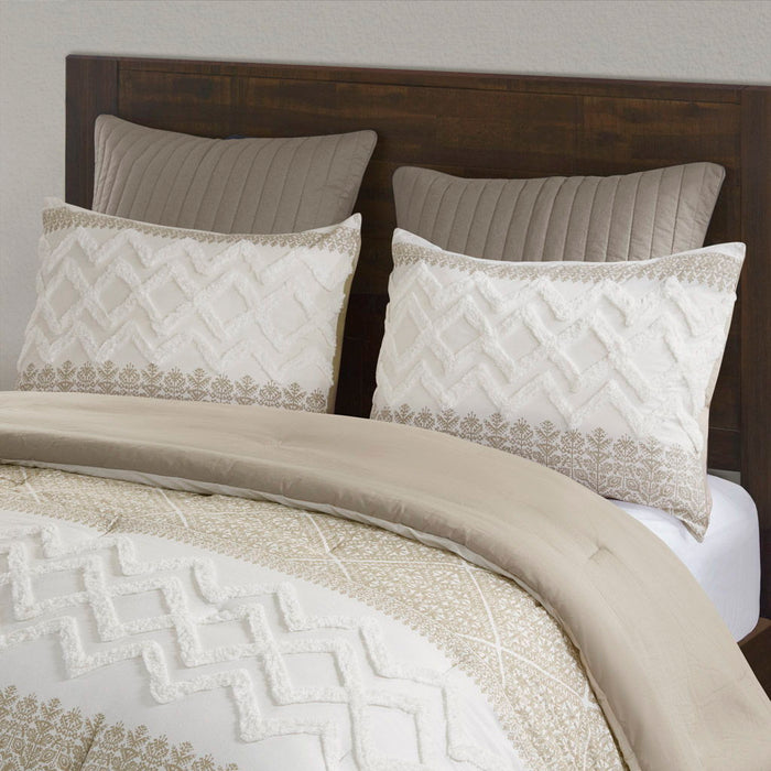 3 Piece Cotton Comforter Set With Chenille Tufting - Taupe