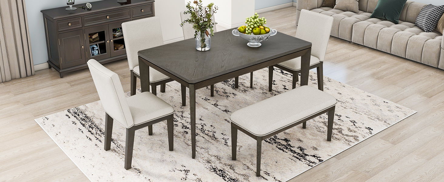 Topmax 6 Piece Dining Table Set With Upholstered Dining Chairs And Bench, Farmhouse Style, Tapered Legs, Dark Gray / Beige