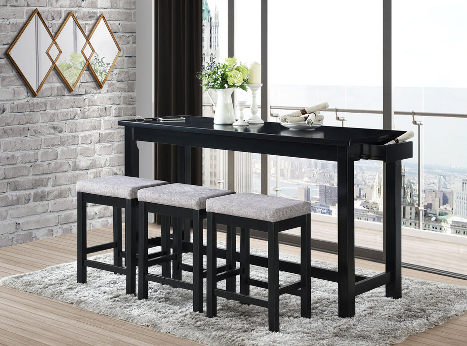 4 Piece Counter Height Dining Set Black Finish Counter Height Table W Drawer Built-In USB Ports Power Outlets And 3 Stools Casual Dining Furniture