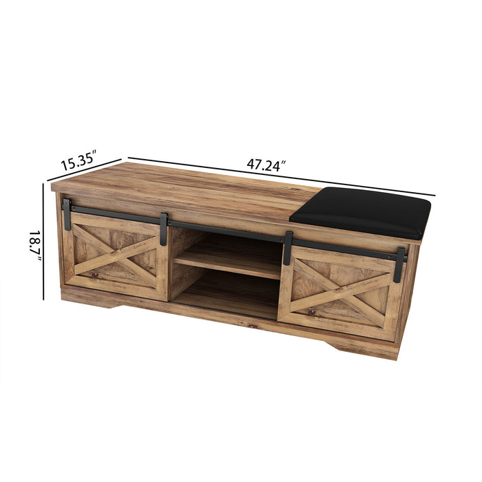 47 Inch Modern Farmhouse Sliding X Barn Door Litterbox Bench With Entry Cutout, Shoe Bench