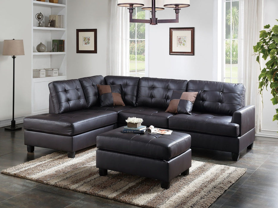 Contemporary Sectional Sofa Espresso Faux Leather Cushion Tufted Reversible 3 Pieces Sectional Sofa L/R Chaise Ottoman Living Room Furniture