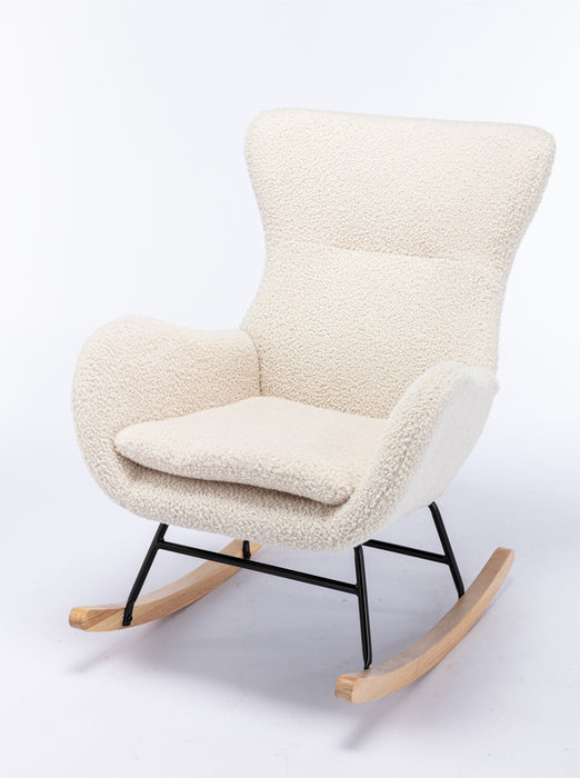 Teddy Fabric Padded Seat Rocking Chair With High Backrest And Armrests - Beige