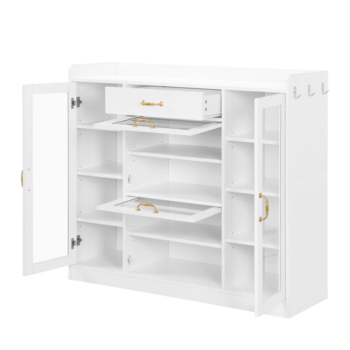 On Trend Modernist Side Cabinet With 4 Glass Doors & 3 Hooks, Freestanding Shoe Rack With Multiple Adjustable Shelves, Versatile Display Cabinet With Gold Handles For Hallway, Living Room, White
