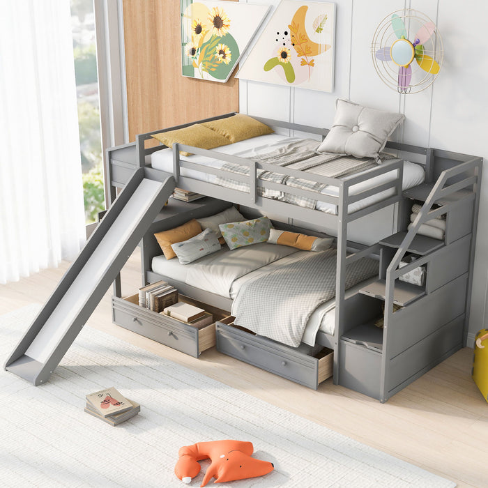 Twin Over Twin Bunk Bed With Storage Staircase, Slide And Drawers Desk With Drawers And Shelves, Gray