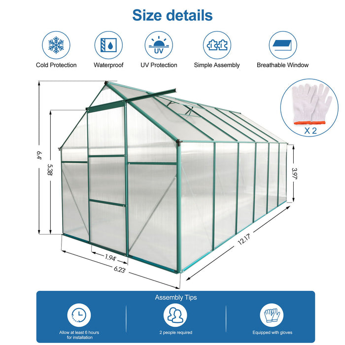 6X12 Ft Polycarbonate Greenhouse Raised Base And Anchor Aluminum Heavy Duty Walk-In-Greenhouses For Outdoor Backyard In All Season