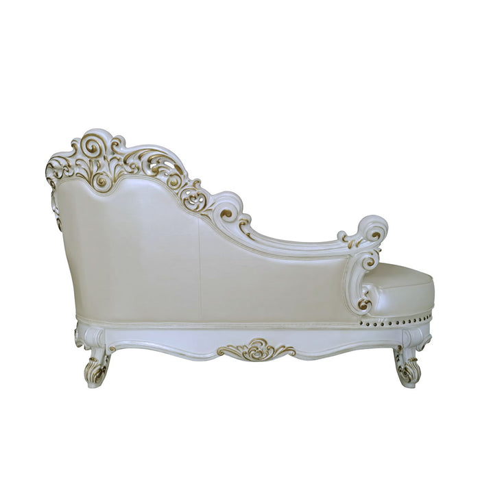 Acme Vendome Chaise With 2 Pillows, Synthetic Leather & Antique Pearl Finish