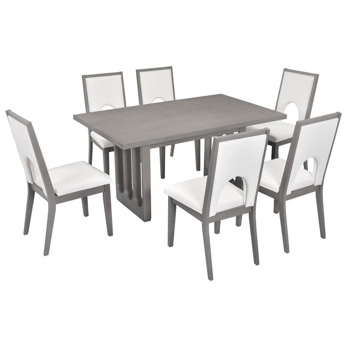 Trexm Wood Dining Table Set For 6, Farmhouse Rectangular Dining Table And 6 Upholstered Chairs Ideal For Dining Room, Kitchen (Grey / Beige)