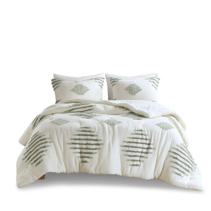 3 Piece Cotton Blend Chenille Comforter Set - Green / Ivory