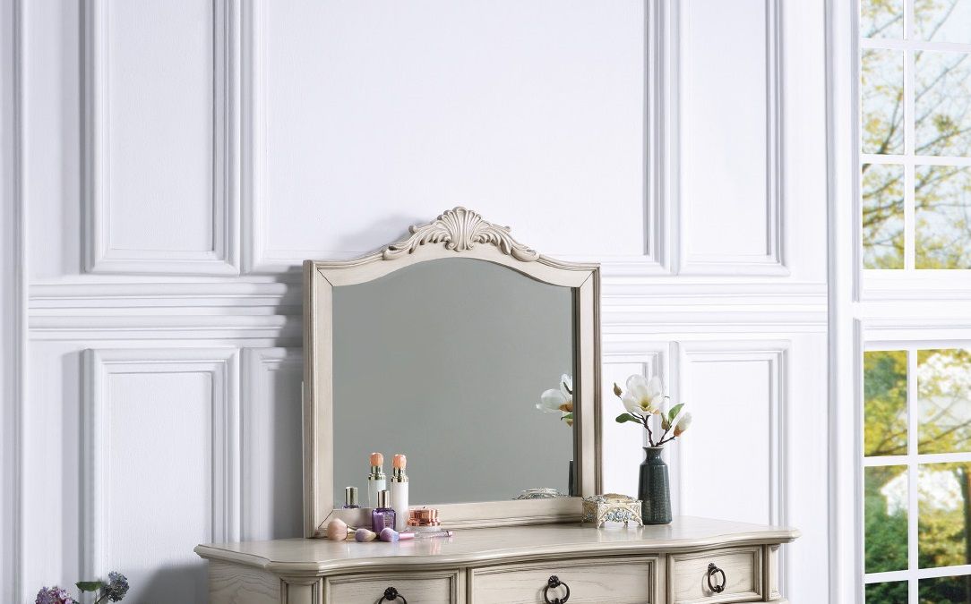 Contemporary Antique White Color Vanity Set Stool Retro Style Drawers Cabriole-Tapered Legs Mirror Floral Crown Molding Bedroom Furniture