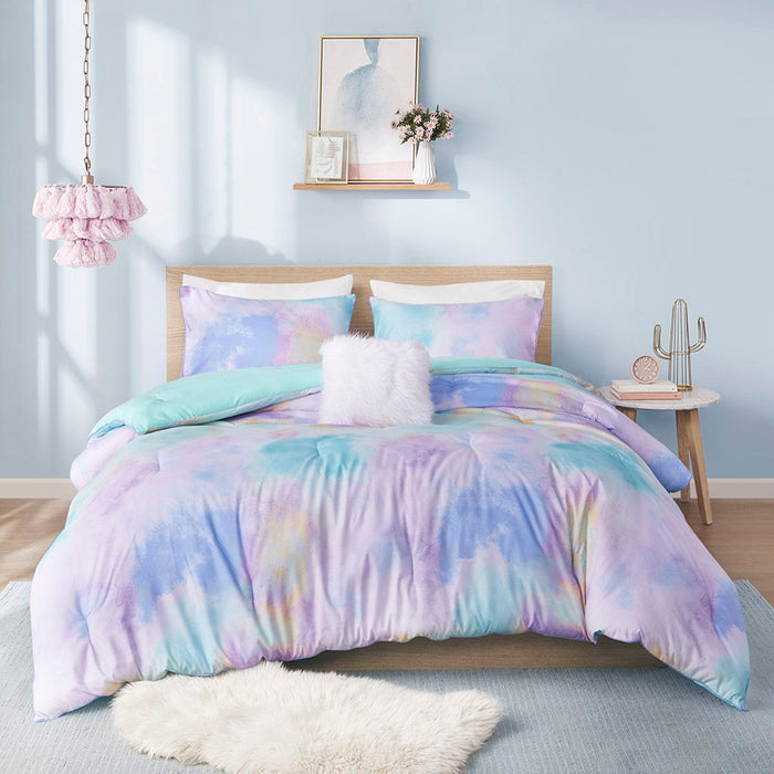 Watercolor Tie Dye Printed Comforter Set With Throw Pillow Aqua