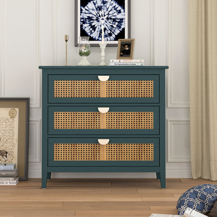 3 Drawer Cabinet, Natural Rattan, American Furniture, Suitable For Bedroom, Living Room, Study - Green