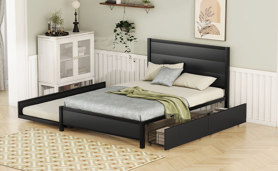 Metal Full Size Storage Platform Bed With Twin Size Trundle And 2 Drawers, Black