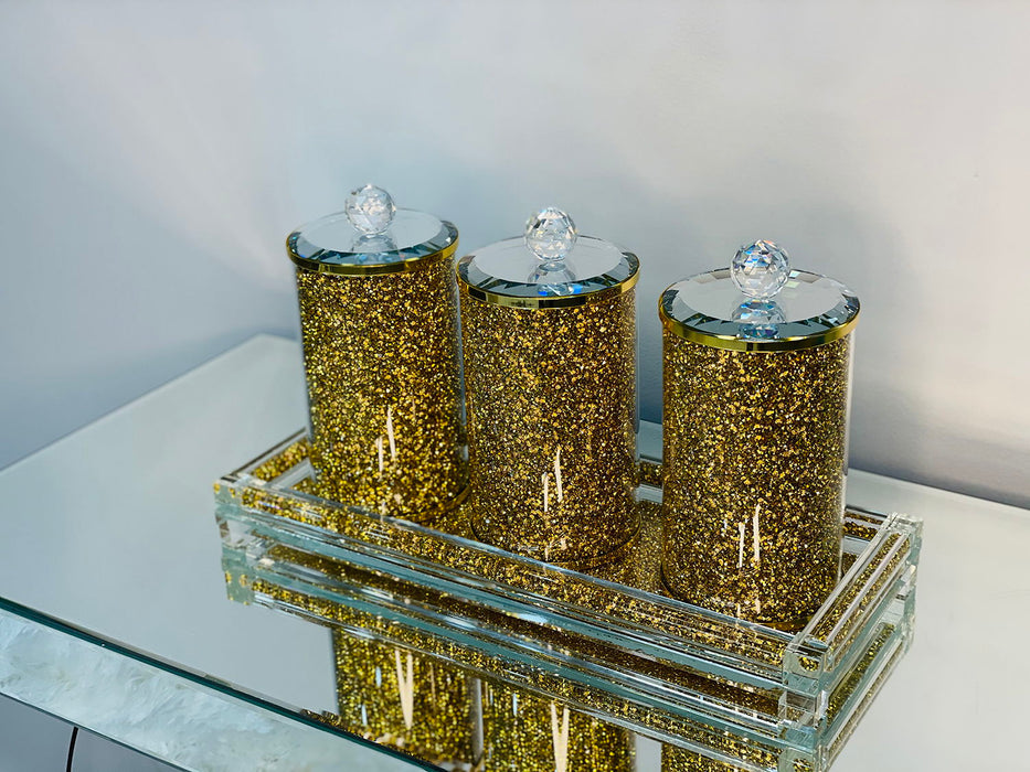 Ambrose Exquisite Three Glass Canister With Tray In Gift Box - Gold